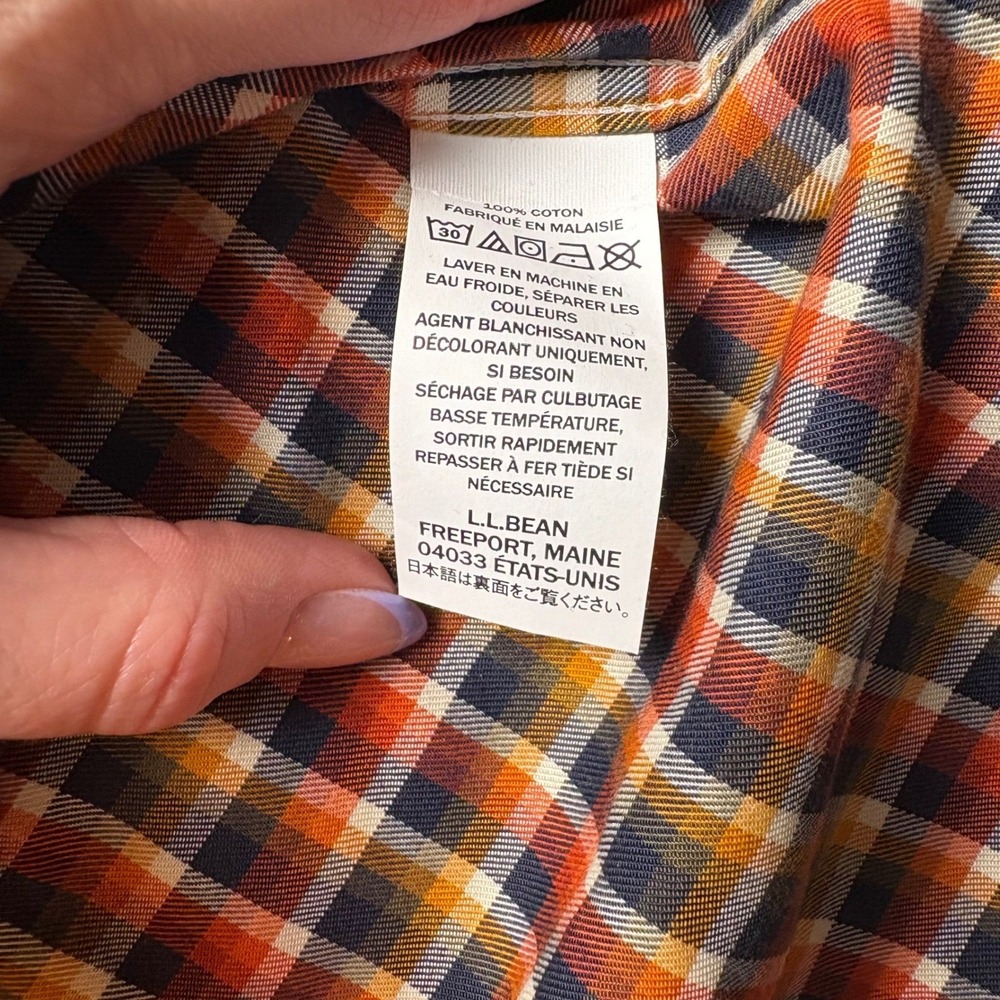 LL Bean Shirt Mens XL Orange Navy Plaid Cotton Traditional Fit Button Down - Picture 6 of 9